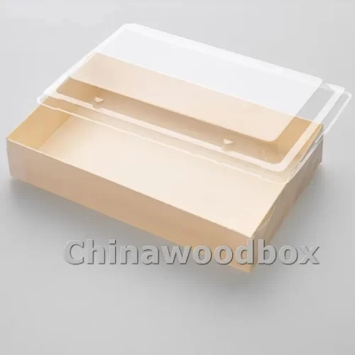 Folding Wooden Lunch Box with PET Lid, 8"x4.8"x1.5"